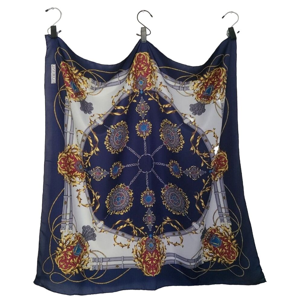 Romano Italian Design Navy Blue Belt Chain Print Square Scarf 36" Handmade